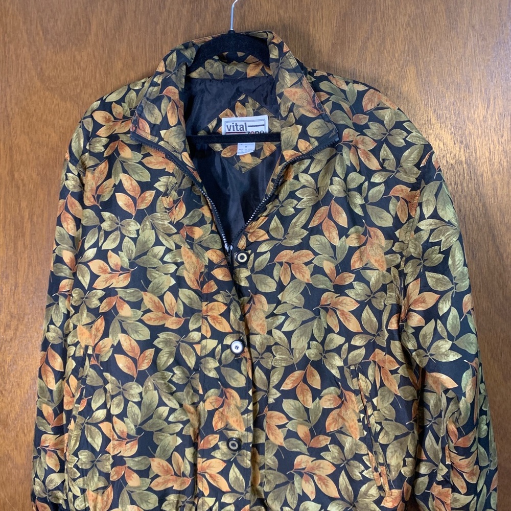 Vital Zone Vintage 80s Fall Leaf Pattern Silk Women's Jacket Medium Full Zip